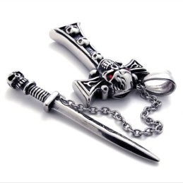 Pendentif Croix En Titane Avec Tête De Mort Et Dague En Diamant Rouge