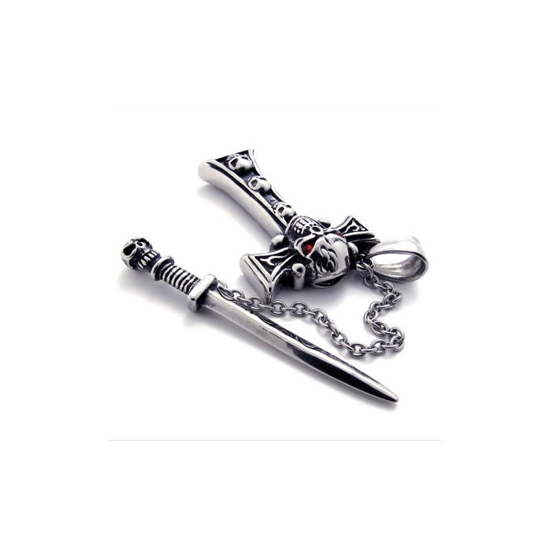 Pendentif Croix En Titane Avec Tête De Mort Et Dague En Diamant Rouge