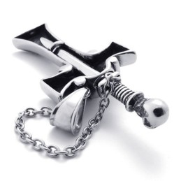 Pendentif Croix En Titane Avec Tête De Mort Et Dague En Diamant Rouge