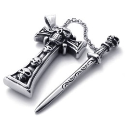 Pendentif Croix En Titane Avec Tête De Mort Et Poignard