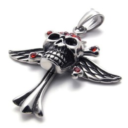 Pendentif En Titane Avec Croix Et Tête De Mort Et Diamant Rouge