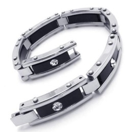 Bracelet En Caoutchouc Noir Et Argent Pour Homme, En Titane Pur