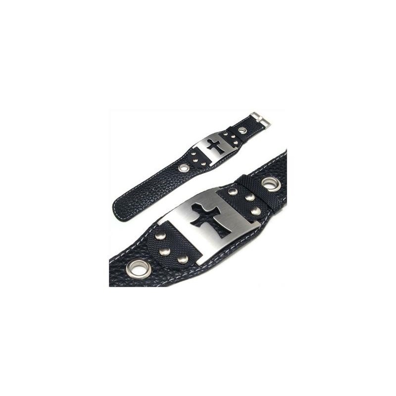 Bracelet Jonc En Cuir Et Titane Pur Pour Homme Et Garçon, Avec Croix Bracelet Jonc En Cuir Et Titane Pur Pour Homme Et Garçon, Avec Croix