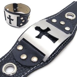 Bracelet Jonc En Cuir Et Titane Pur Pour Homme Et Garçon, Avec Croix