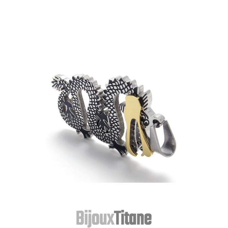 Pendentif Dragon En Titane Avec Accents Dorés Pendentif Dragon En Titane Avec Accents Dorés