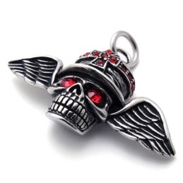 Pendentif En Titane Avec Tête De Mort Et Ailes En Diamant Rouge