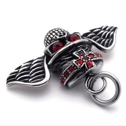 Pendentif En Titane Avec Tête De Mort Et Ailes En Diamant Rouge