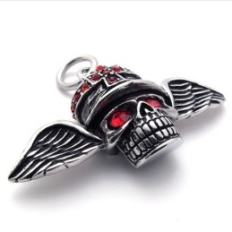 Pendentif En Titane Avec Tête De Mort Et Ailes En Diamant Rouge