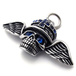Pendentif En Titane Avec Diamant Bleu Et Tête De Mort Et Ailes
