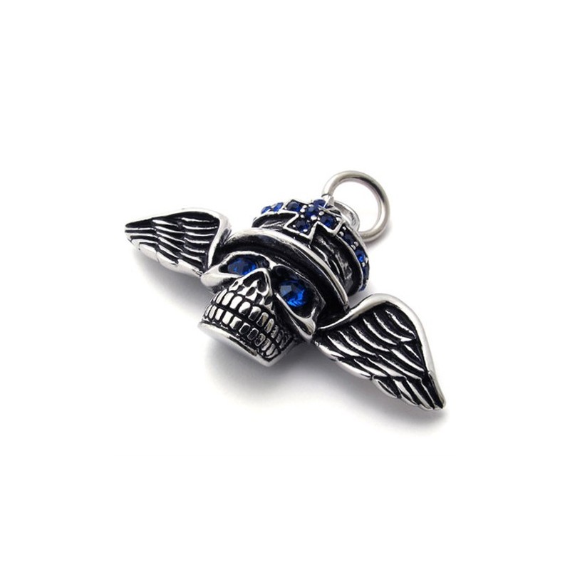 Pendentif En Titane Avec Diamant Bleu Et Tête De Mort Et Ailes Pendentif En Titane Avec Diamant Bleu Et Tête De Mort Et Ailes