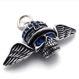 Pendentif En Titane Avec Diamant Bleu Et Tête De Mort Et Ailes