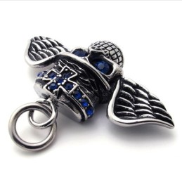 Pendentif En Titane Avec Diamant Bleu Et Tête De Mort Et Ailes