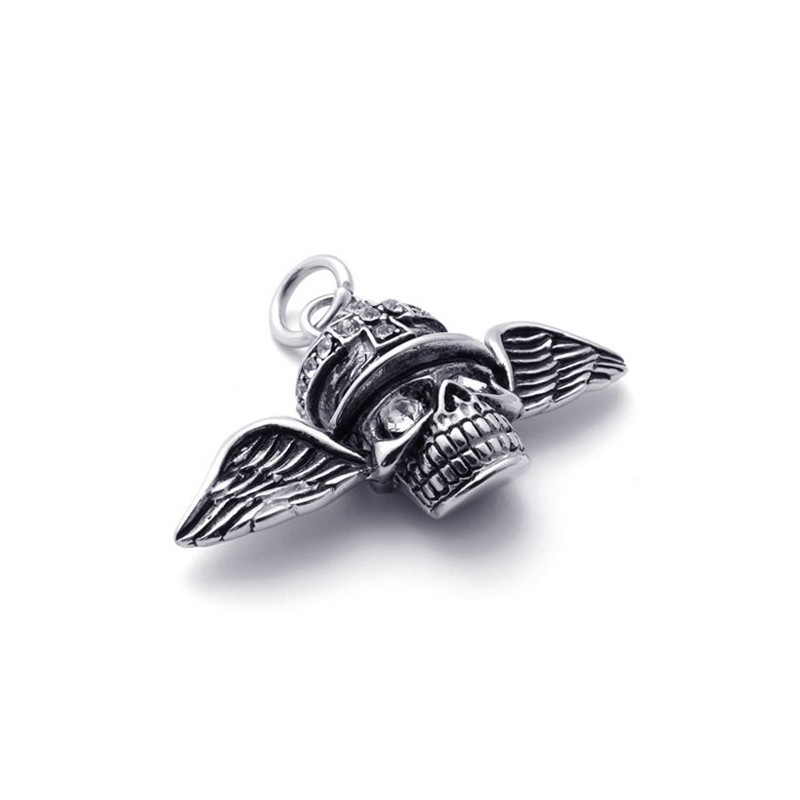 Pendentif En Titane Avec Diamants Et Tête De Mort En Forme D'Ailes