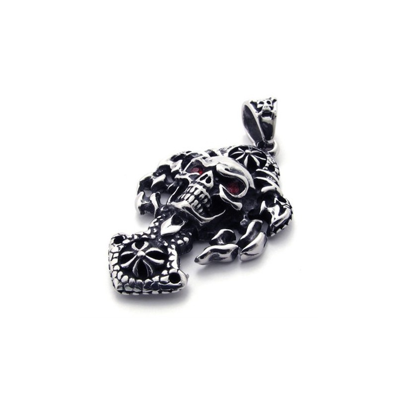 Pendentif En Titane Avec Tête De Mort Et Diamant Rouge