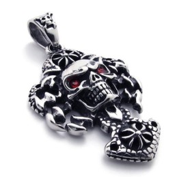 Pendentif En Titane Avec Tête De Mort Et Diamant Rouge