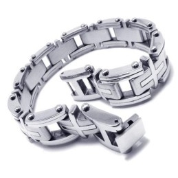 Bracelet Homme Garçon En Argent Et Titane Pur Avec Breloque Croix