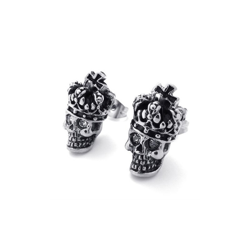 Boucles D'Oreilles En Titane Avec Tête De Mort Et Couronne