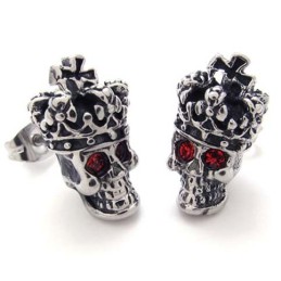 Boucles D'Oreilles En Titane Avec Tête De Mort Et Couronne De Diamants Rouges