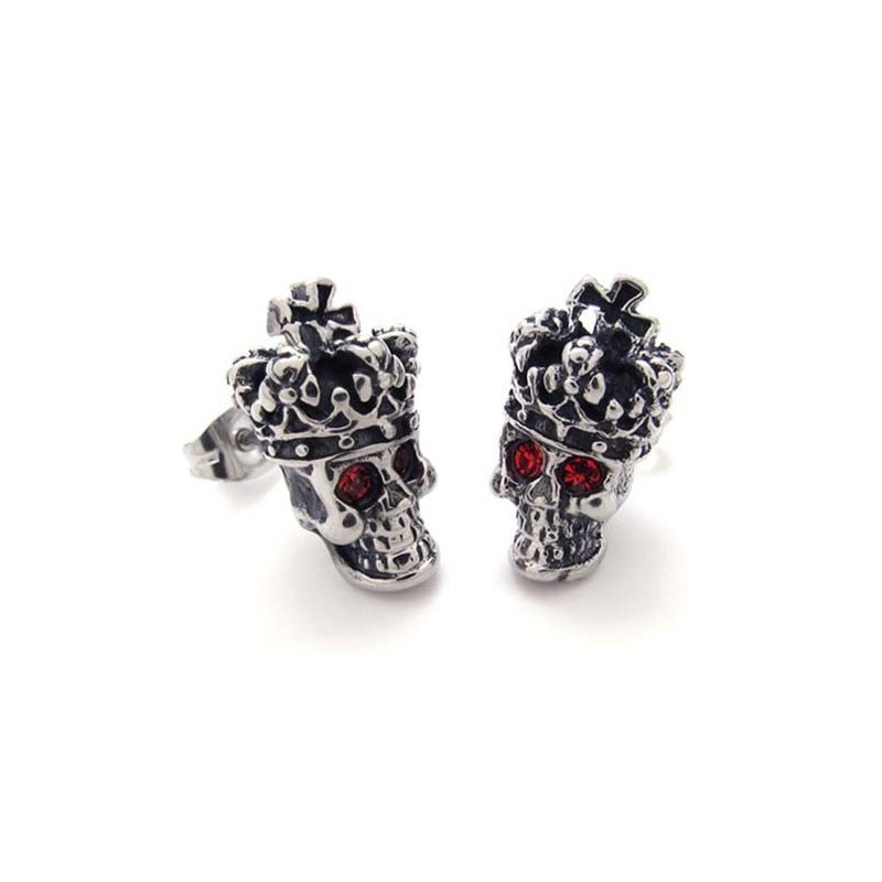 Boucles D'Oreilles En Titane Avec Tête De Mort Et Couronne De Diamants Rouges Boucles D'Oreilles En Titane Avec Tête De Mort Et Couronne De Diamants Rouges