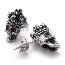 Boucles D'Oreilles En Titane Avec Tête De Mort Et Couronne De Diamants Rouges