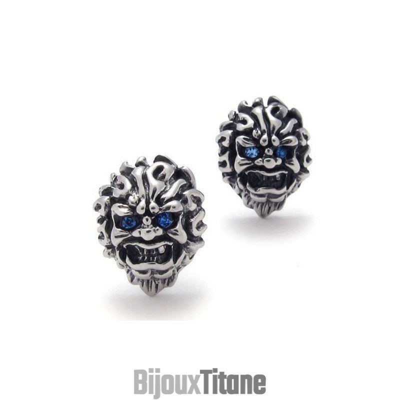 Boucles D'Oreilles En Titane Avec Lion Et Diamant Bleu