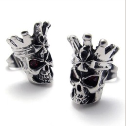 Boucles D'Oreilles En Titane Avec Tête De Mort En Diamant Rouge