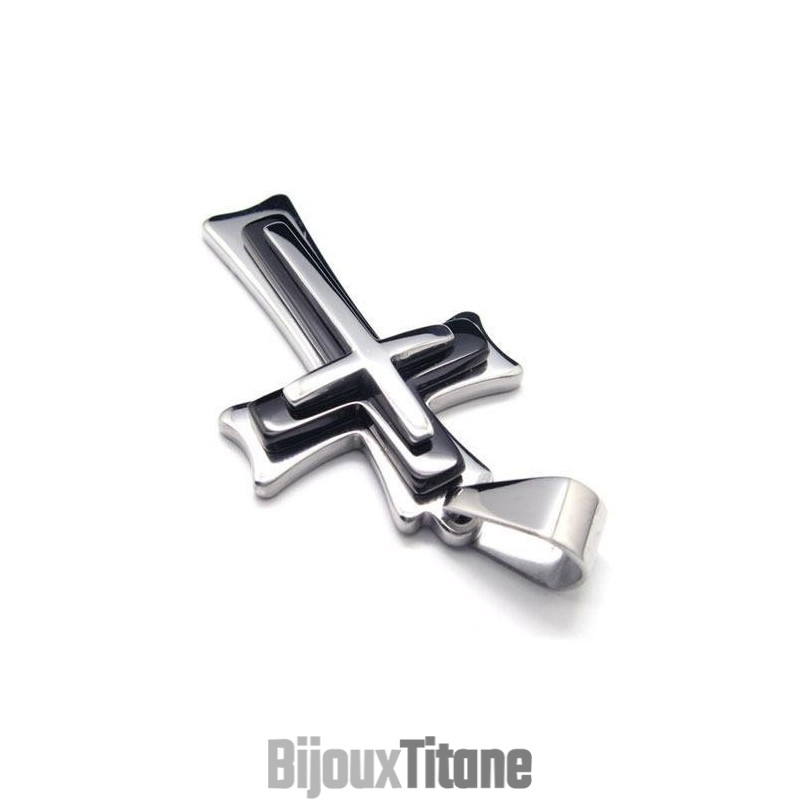 Collier Avec Pendentif Croix En Titane Pur Et Argent Noir Pour Homme