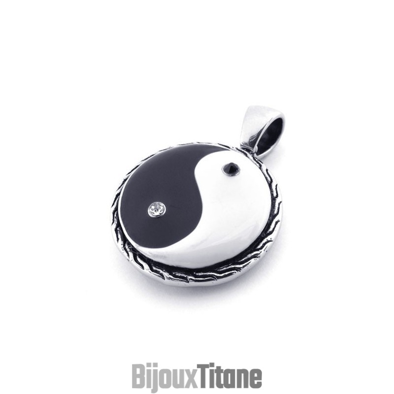 Pendentif Taichi En Titane Avec Strass Noirs Et Blancs