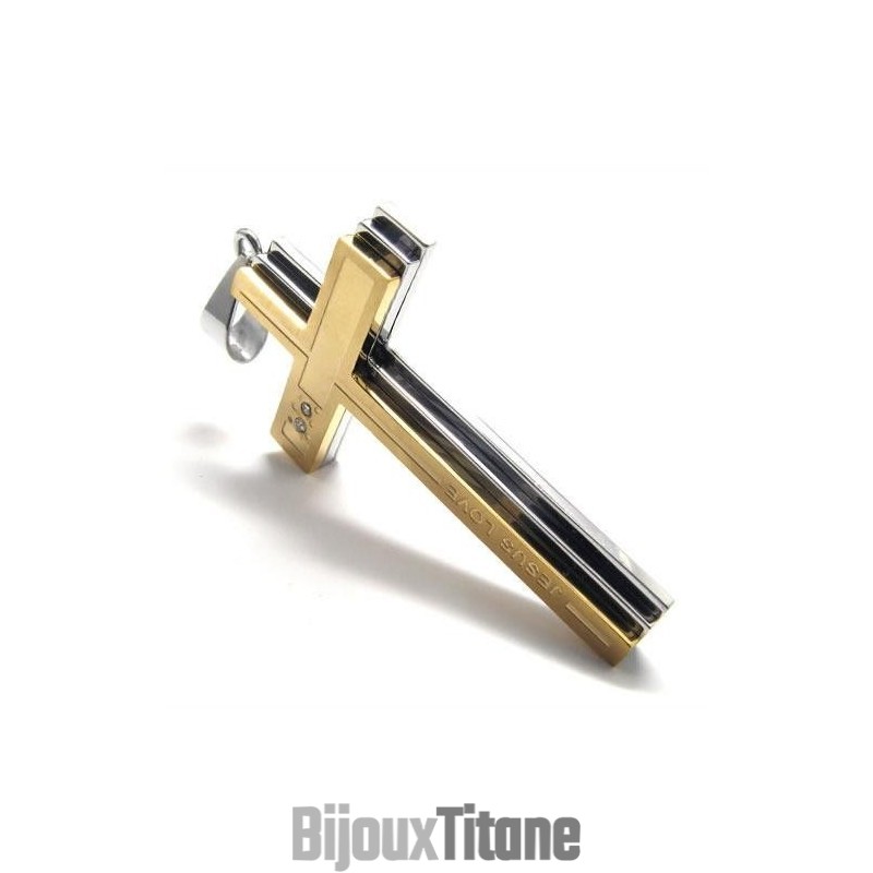 Collier Pendentif Croix En Titane Pur Doré Et Argenté