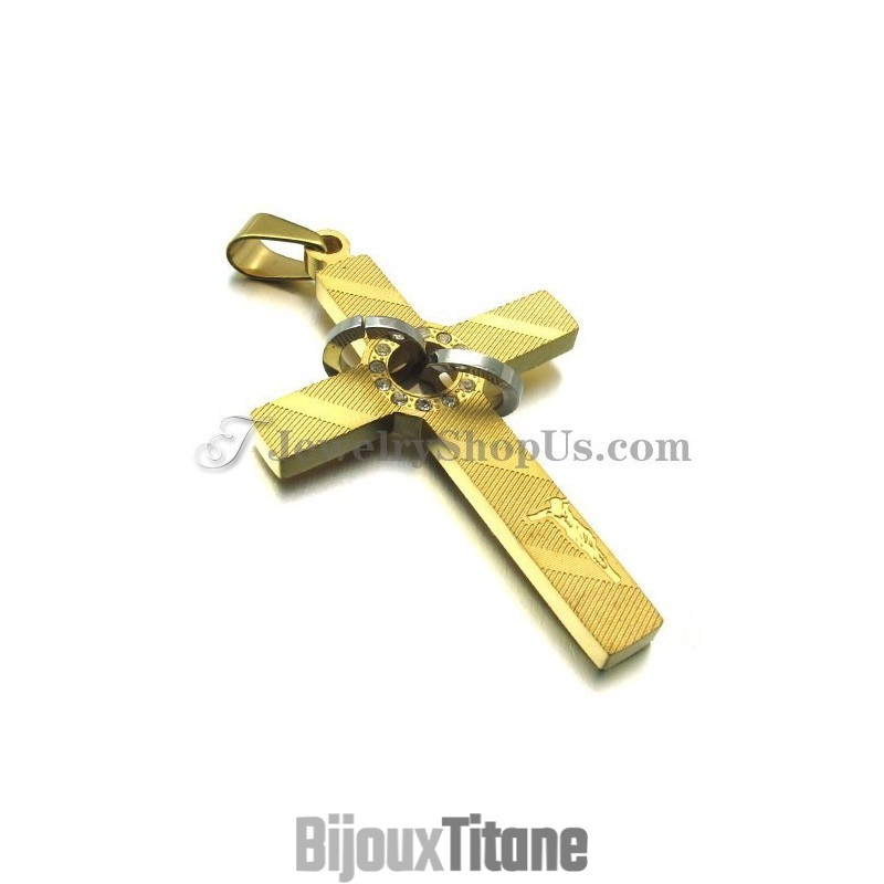 Pendentif Croix En Titane Doré Avec Strass Ronds