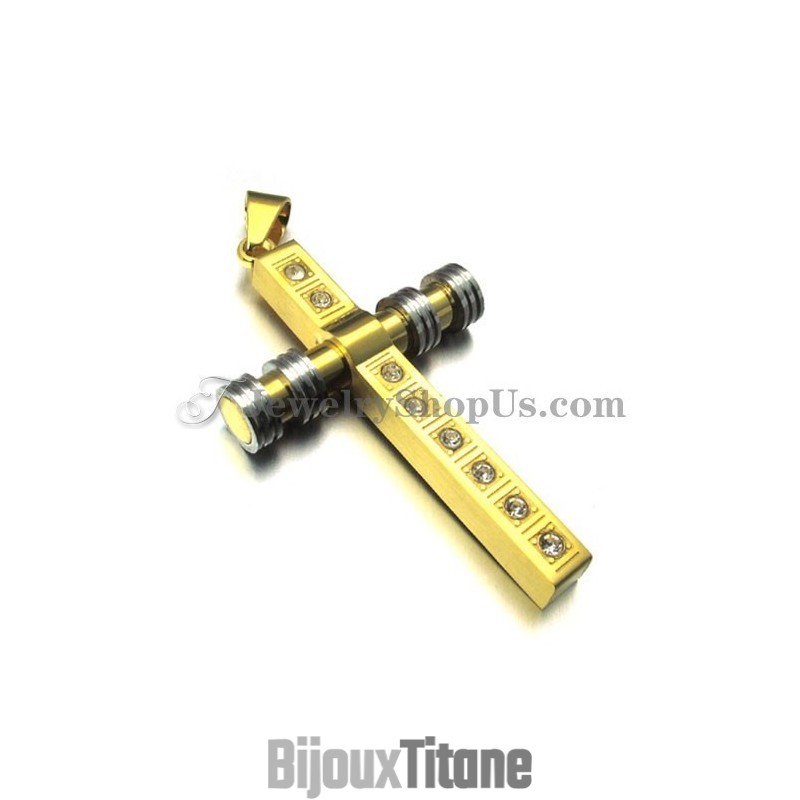 Magnifique Pendentif Croix En Titane Doré Avec Strass Magnifique Pendentif Croix En Titane Doré Avec Strass