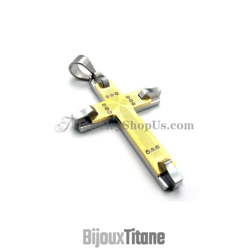 Magnifique Pendentif Croix En Titane Doré Avec Strass