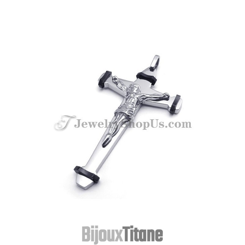 Pendentif Élégant En Titane Noir Avec Croix De Jésus