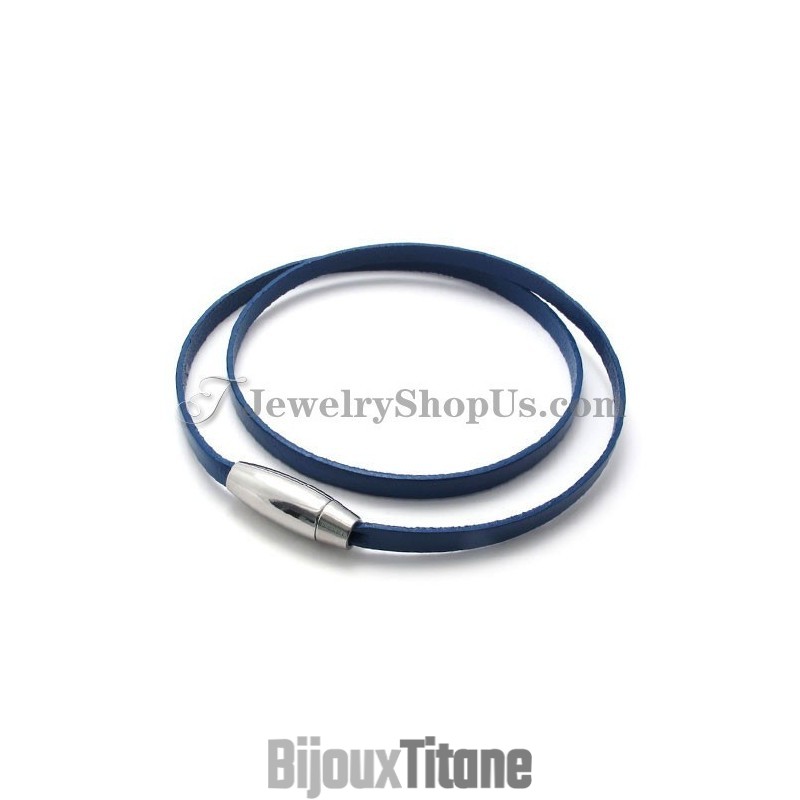 Bracelet Tendance En Cuir Bleu Avec Titane