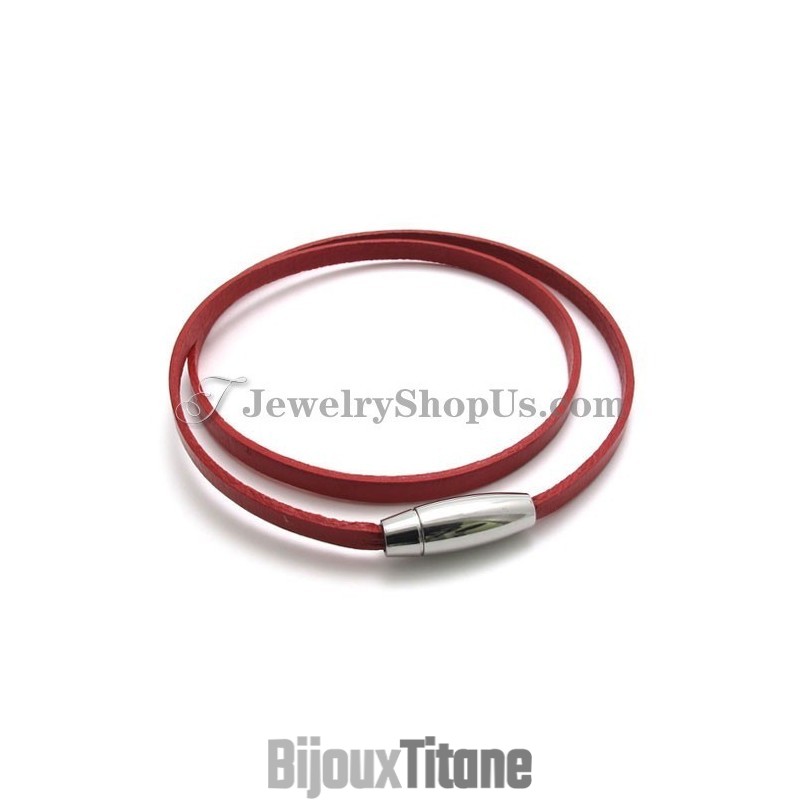 Bracelet Tendance En Cuir Rouge Avec Titane