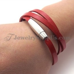 Bracelet Tendance En Cuir Rouge Avec Titane