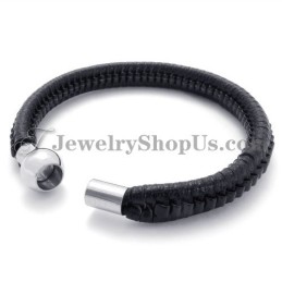 Bracelet Élégant En Titane Noir Et Cuir