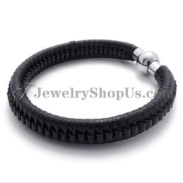 Bracelet Élégant En Titane Noir Et Cuir