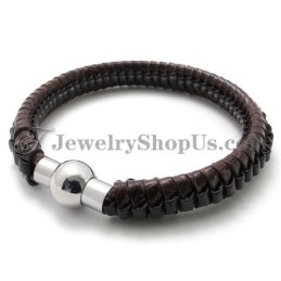 Bracelet Élégant En Titane Et Cuir Marron