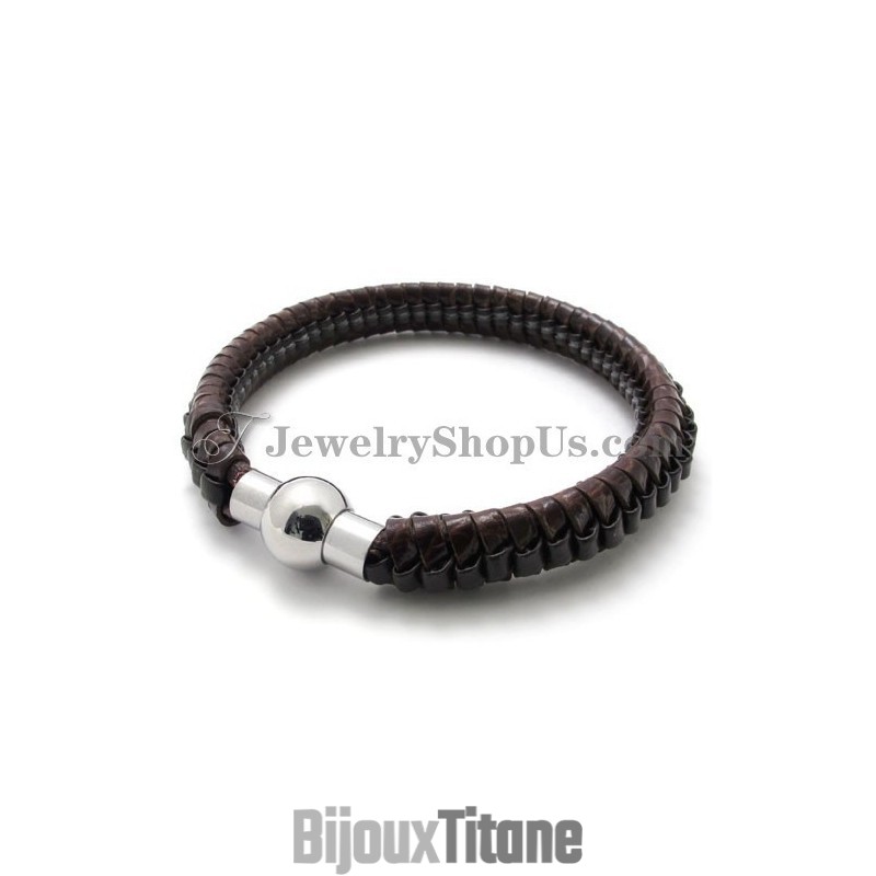 Bracelet Élégant En Titane Et Cuir Marron