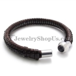 Bracelet Élégant En Titane Et Cuir Marron