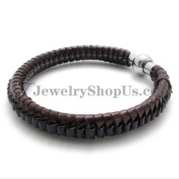 Bracelet Élégant En Titane Et Cuir Marron