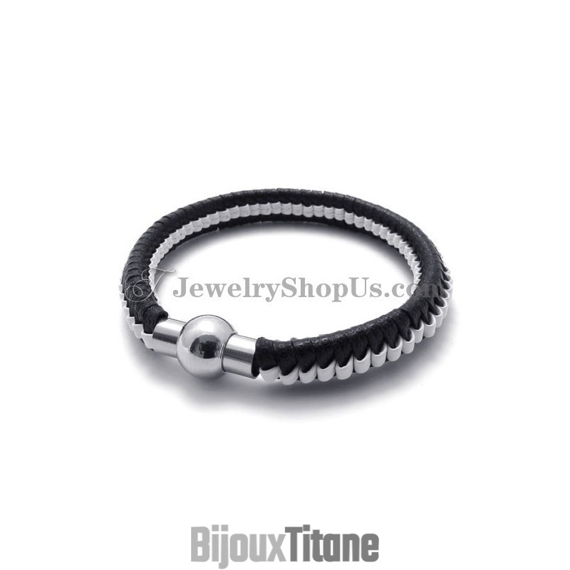 Bracelet Élégant En Cuir Titane Noir Et Blanc