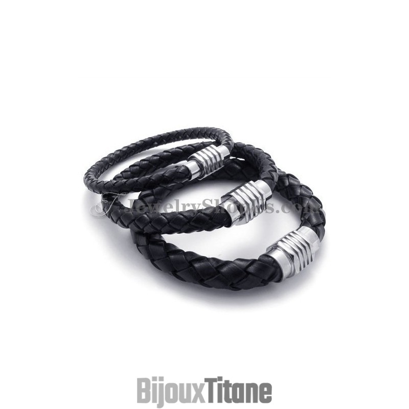 Bracelet Élégant En Titane Noir Et Cuir