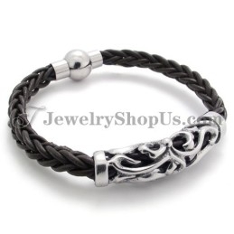 Bracelet Élégant En Cuir Noir Et Titane