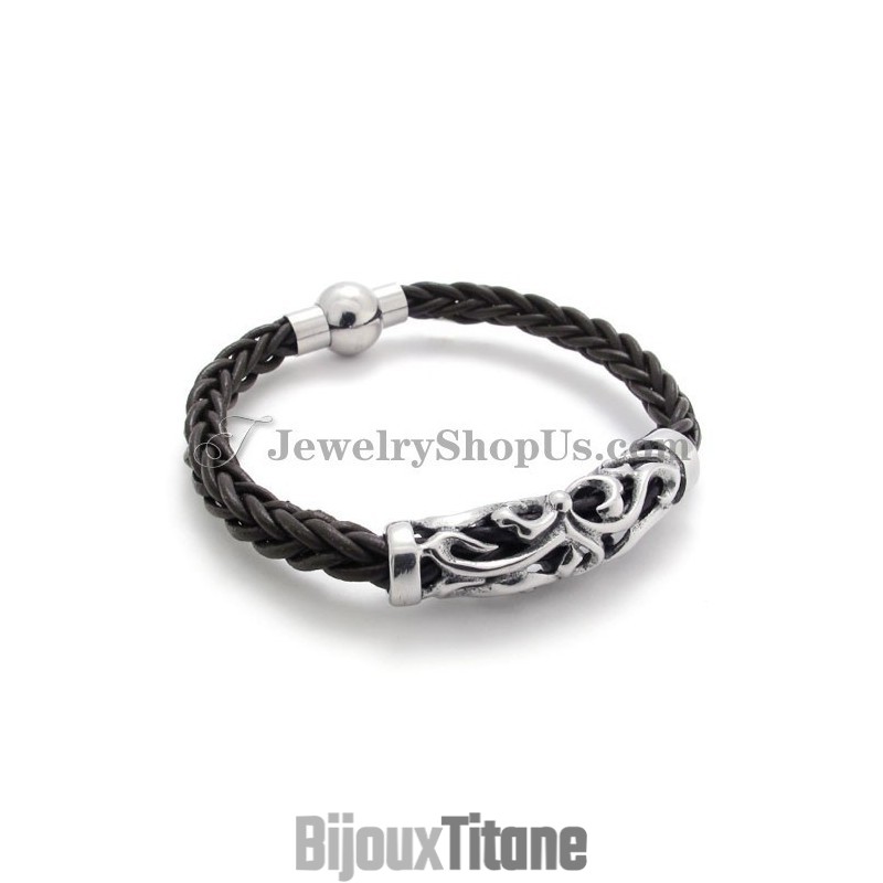 Bracelet Élégant En Cuir Noir Et Titane