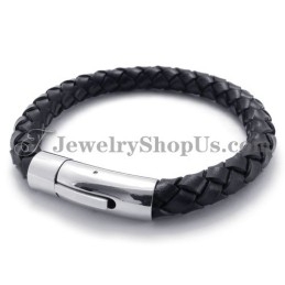 Bracelet Tendance En Cuir Noir Et Titane