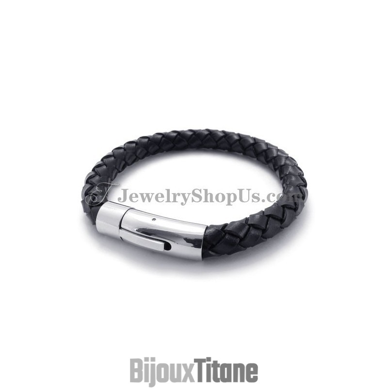 Bracelet Tendance En Cuir Noir Et Titane Bracelet Tendance En Cuir Noir Et Titane
