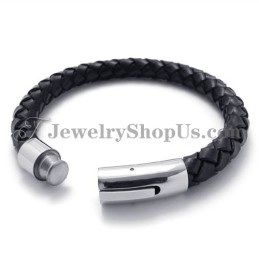 Bracelet Tendance En Cuir Noir Et Titane