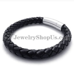 Bracelet Tendance En Cuir Noir Et Titane